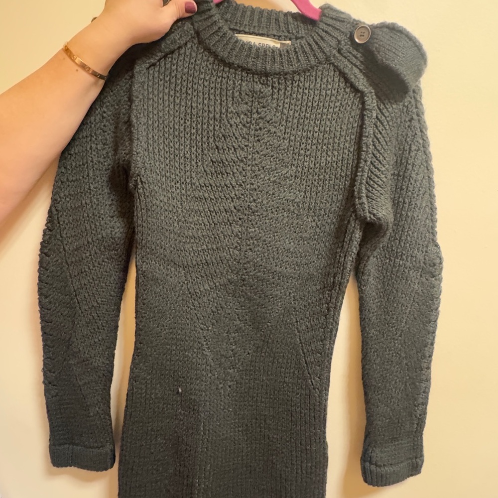 Zara Green Crew Neck Sweater with Ribbed Collar made in Italy